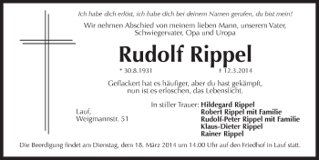 Traueranzeige von Rudolf Rippel von Pegnitz-Zeitung